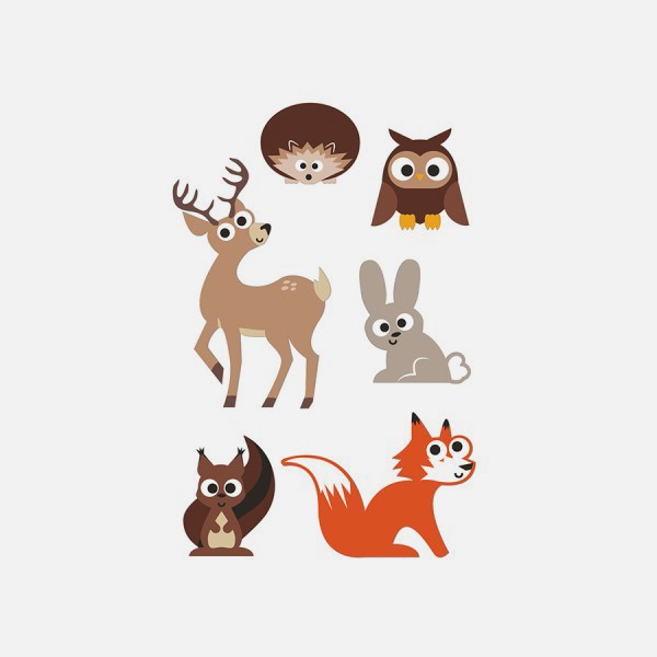 6 magnets animaux de la foret 56 mm pastel loup ours lapin raton laveur  cerf hibou chouette coloré illustration - JULIE & COo